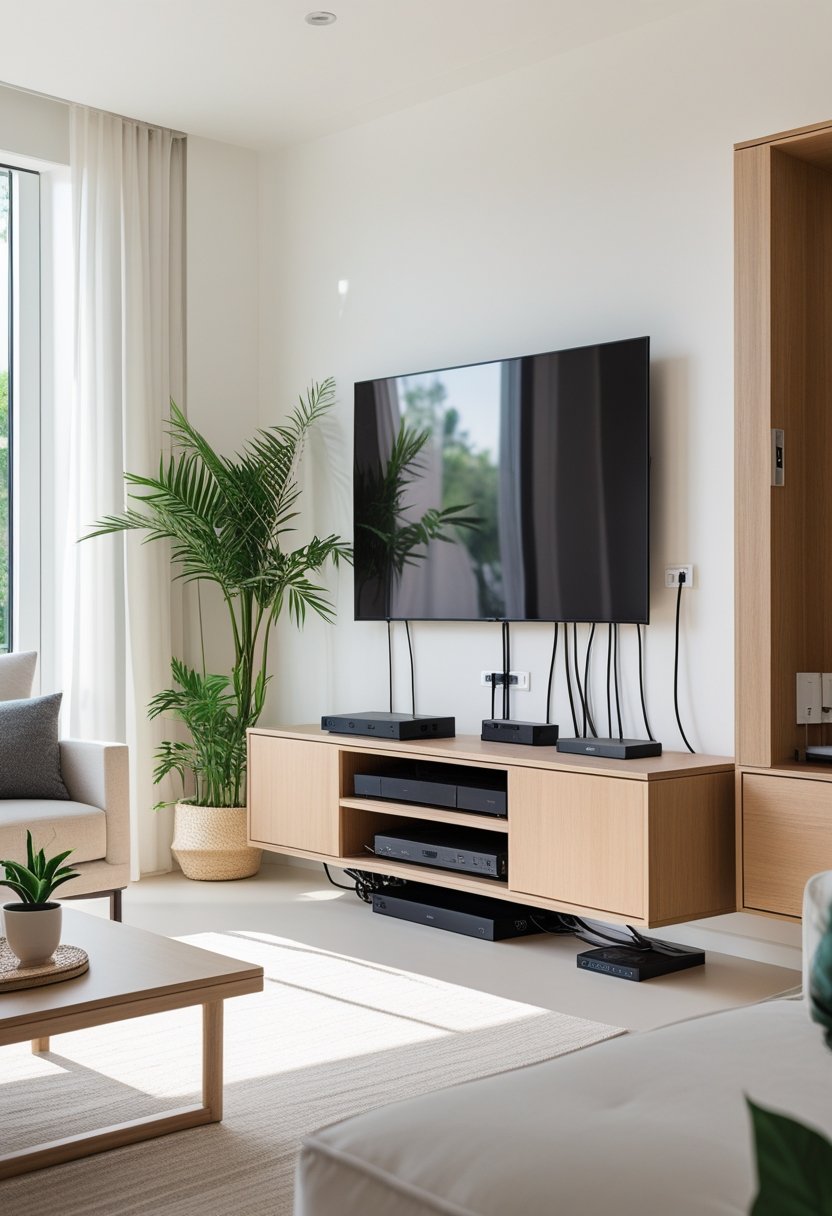 A tidy living room with a wall-mounted TV and hidden cords, featuring a wooden cabinet concealing electronics and decorated with plants and furniture.