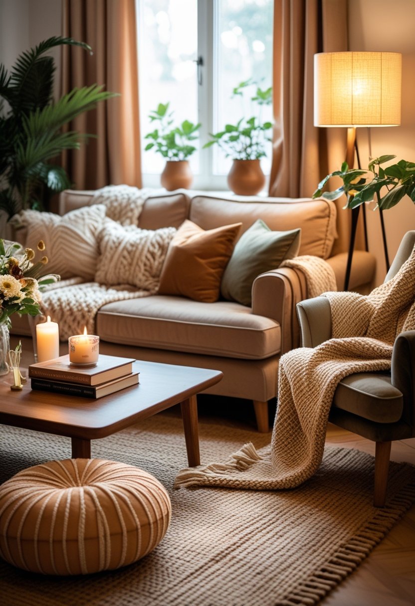 A cozy living room with a sofa, cushions, a coffee table with a candle and flowers, an armchair with a throw blanket, plants, and soft natural light.