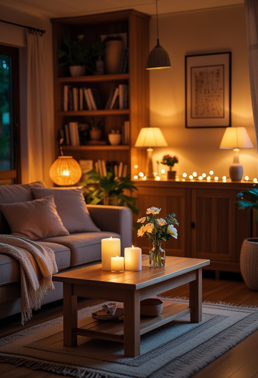 A living room with soft warm lighting, a comfortable sofa with cushions and a throw, a coffee table with candles and flowers, and plants creating a cozy atmosphere.