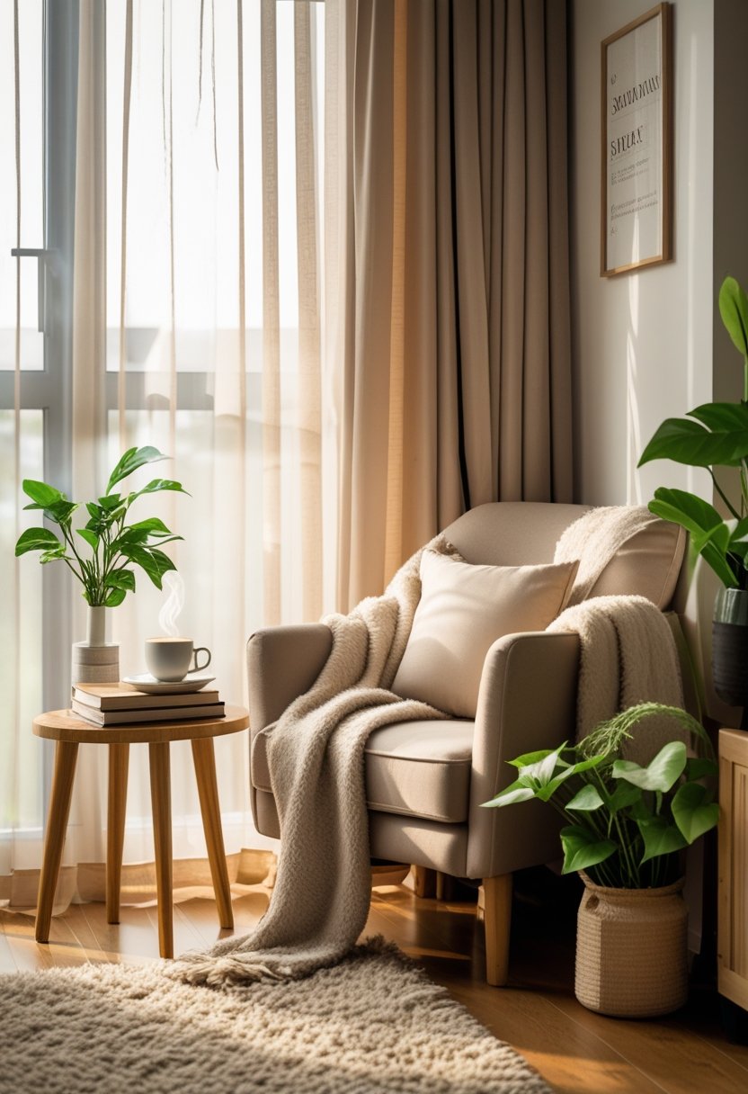 A cozy corner with an armchair, side table with a cup and books, plants, and soft lighting in a living room.