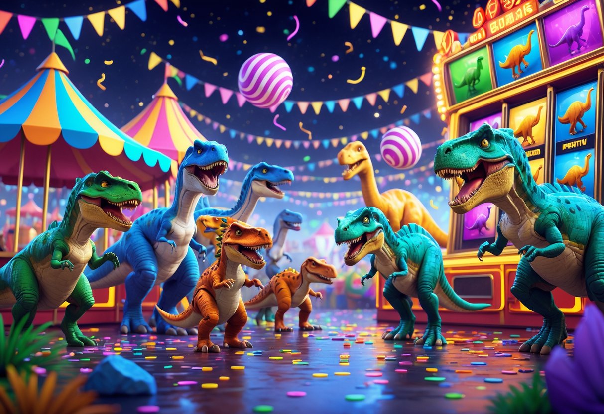 Pemandangan karnaval dengan dinosaurus yang meriah dan penuh warna sedang bermain dan bersenang-senang di sekitar tenda dan permainan karnaval.