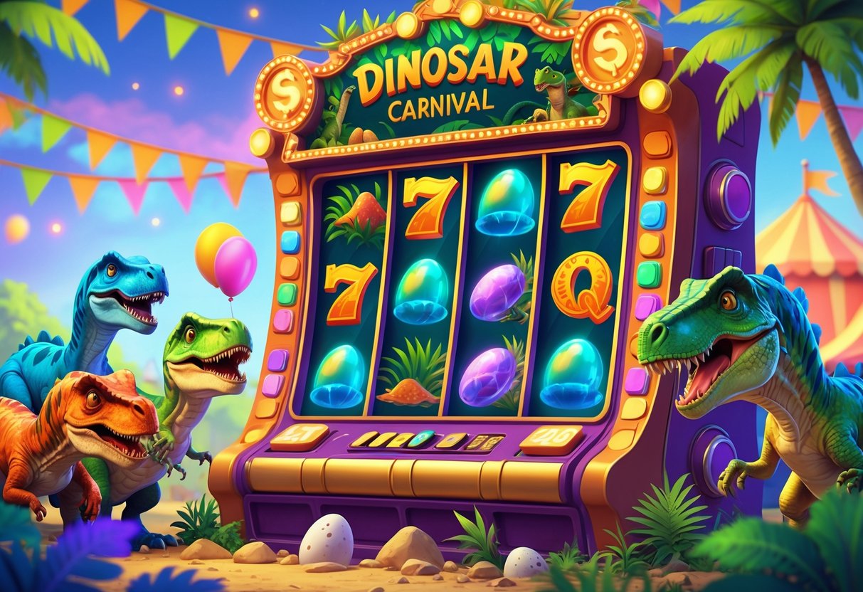 Pemandangan karnaval bertema dinosaurus dengan mesin slot besar dan dinosaurus yang ceria di sekitarnya.
