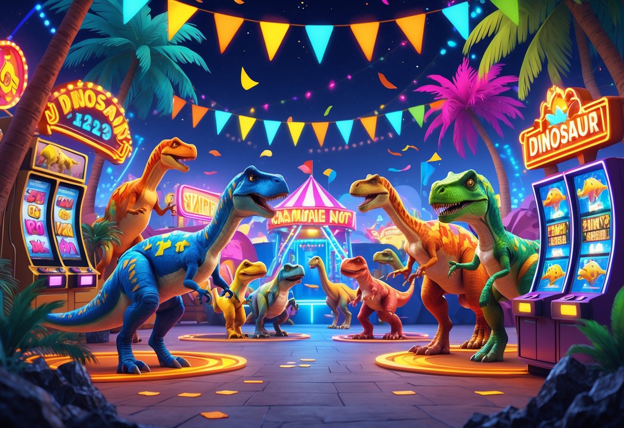 Pemandangan karnaval dinosaurus yang meriah dengan dinosaurus berdandan dan berbagai wahana serta mesin slot bertema dinosaurus.