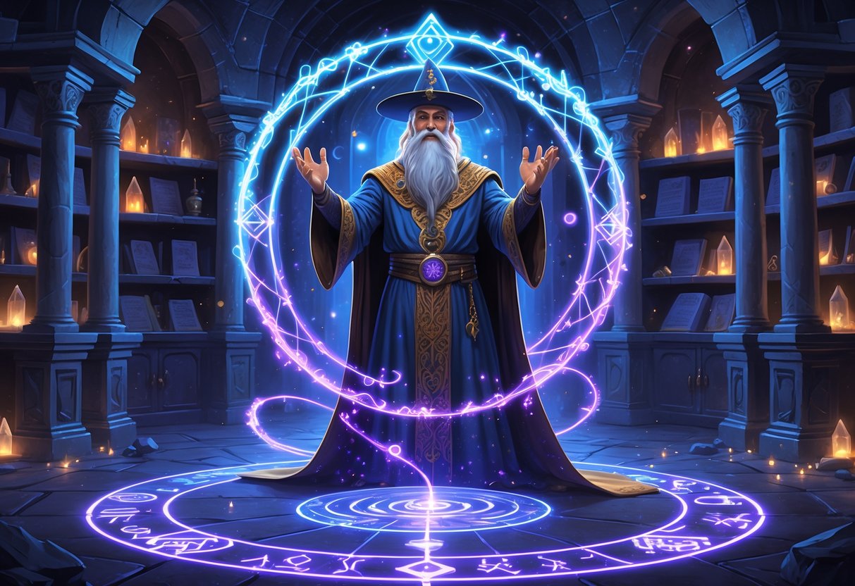 Seorang penyihir bernama Merlin berdiri di dalam ruang batu kuno dengan simbol magis yang bersinar di sekitarnya, mengeluarkan energi sihir berwarna biru dan ungu.