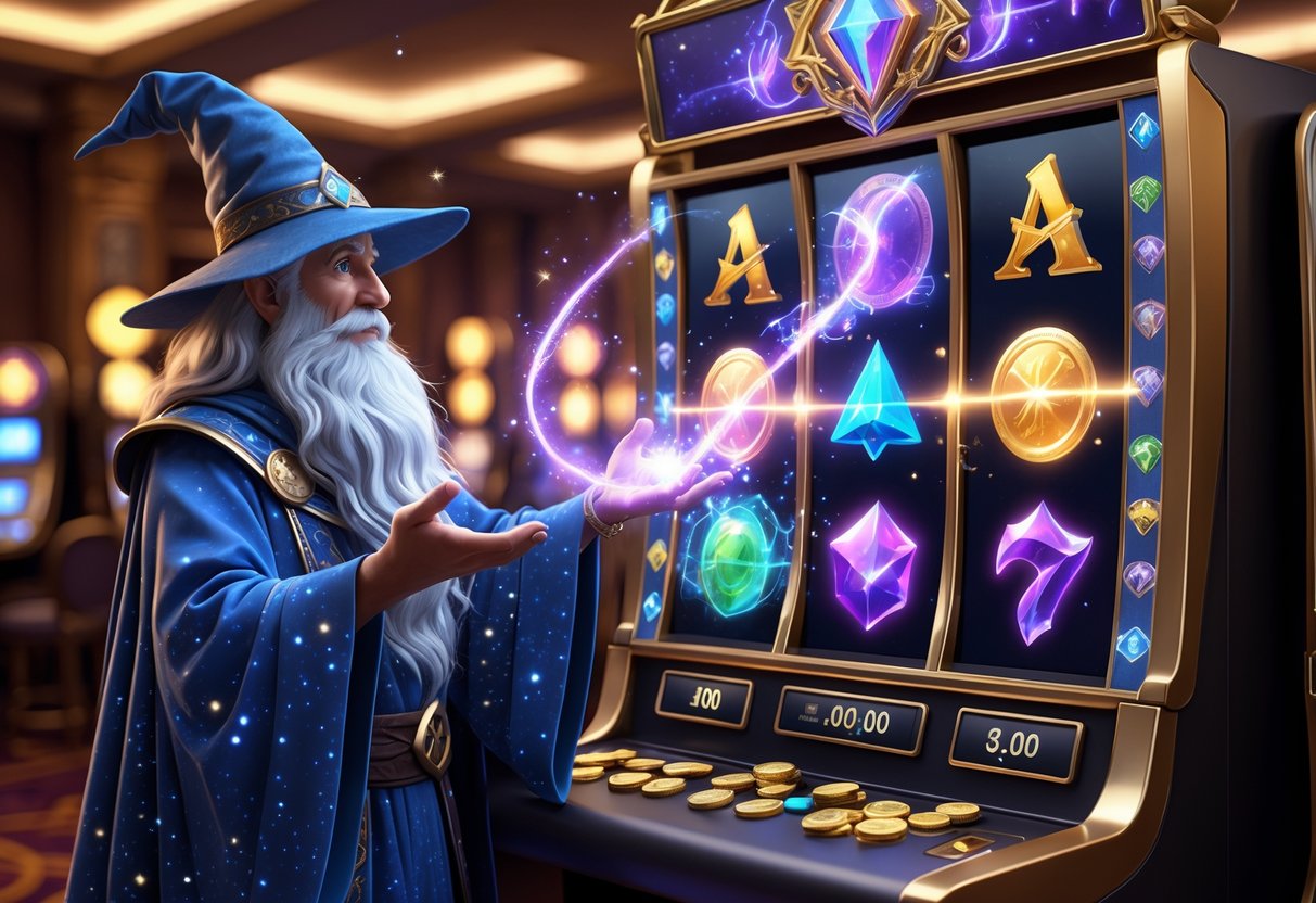 Seorang penyihir bernama Merlin berdiri di samping mesin slot yang memancarkan cahaya magis dengan simbol-simbol sihir di dalamnya.