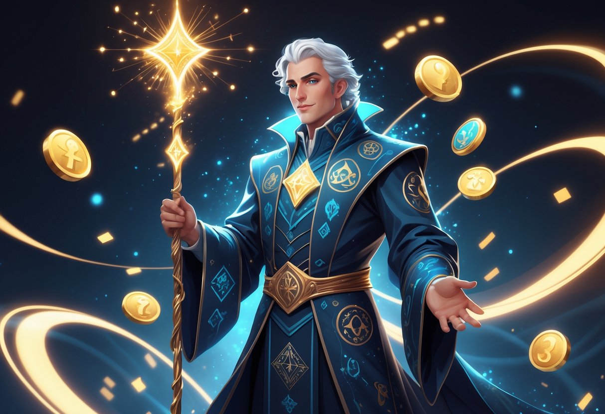 Seorang penyihir berdiri dengan tongkat bercahaya dikelilingi simbol-simbol magis dan pola kemenangan yang bersinar.