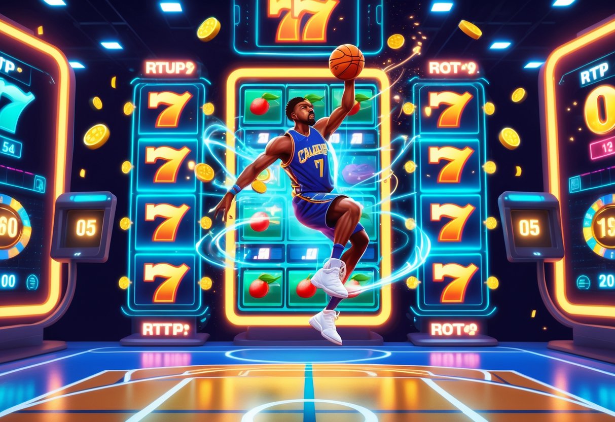 Seorang pemain melakukan slam dunk di lapangan basket futuristik yang dipadukan dengan elemen mesin slot berwarna cerah dengan lampu neon dan simbol kemenangan yang berkilauan.
