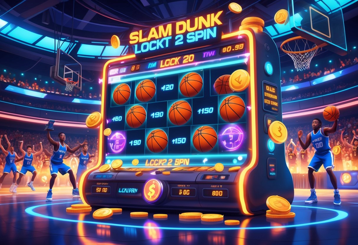 Ilustrasi mesin slot bertema bola basket dengan pemain melakukan slam dunk dan efek koin bersinar di latar kasino yang ramai.