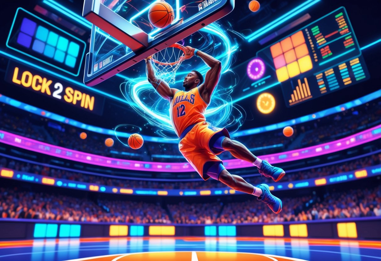 Seorang pemain basket melompat melakukan slam dunk di arena futuristik dengan kerumunan penonton dan efek cahaya berwarna-warni di sekitarnya.