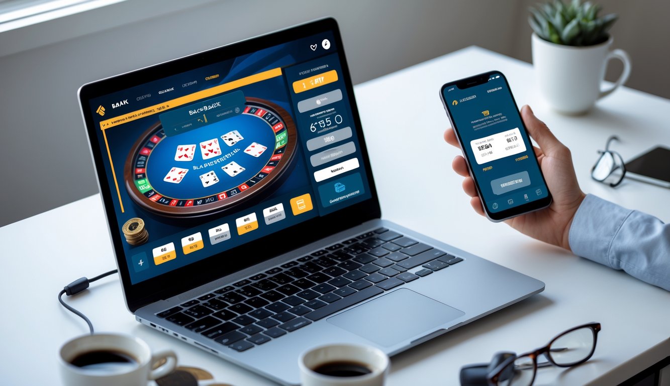 Seorang pengguna sedang bermain blackjack online di laptop dengan layar smartphone yang menampilkan saldo pulsa di meja kerja yang rapi.