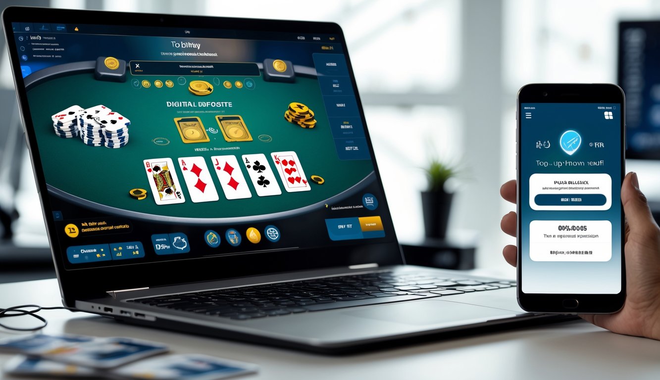 Seorang pengguna sedang melakukan deposit pulsa untuk bermain blackjack online di depan laptop dan ponsel di meja kerja yang rapi.