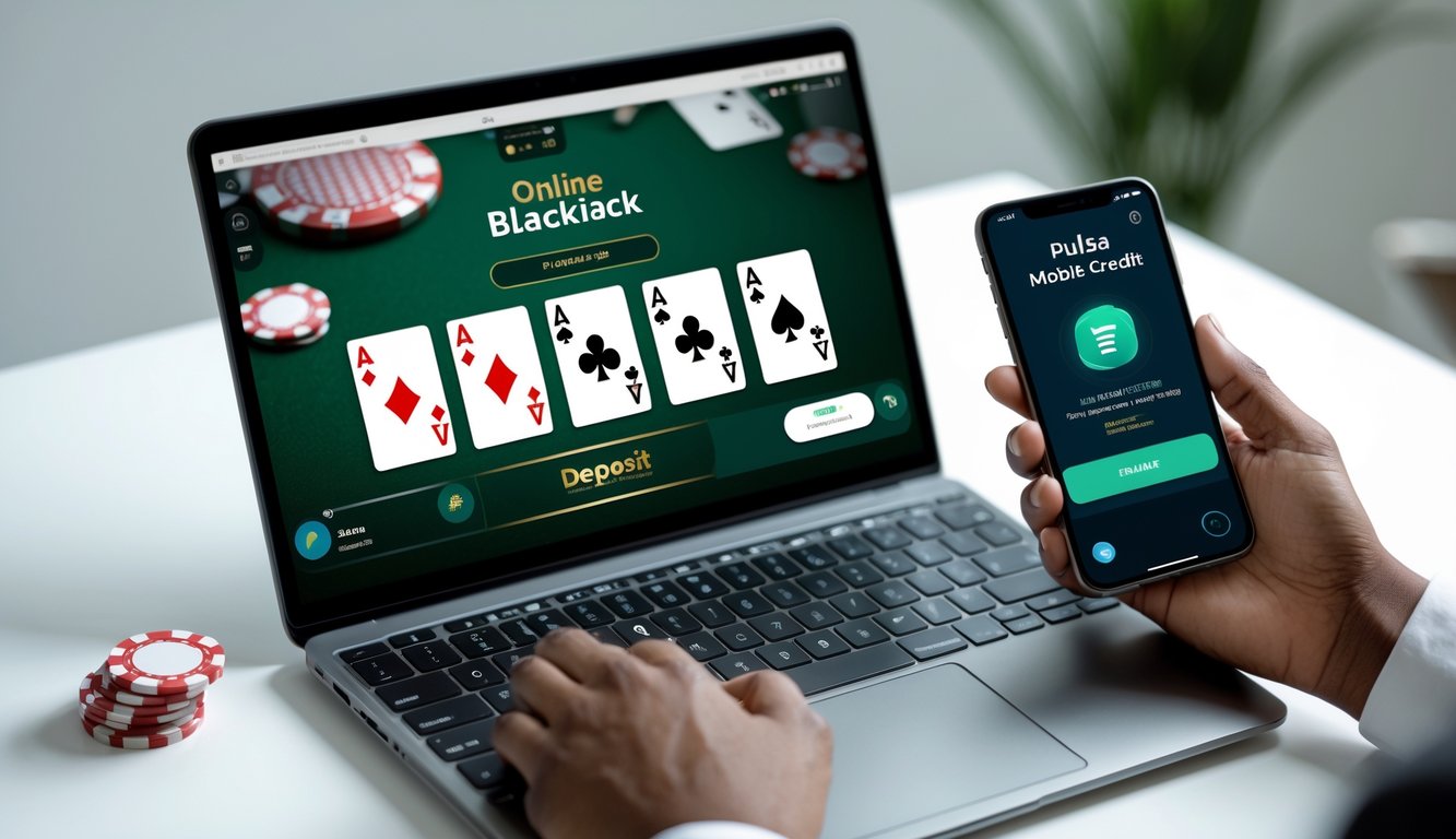 Seseorang menggunakan ponsel dan laptop untuk bermain blackjack online dengan pembayaran pulsa.
