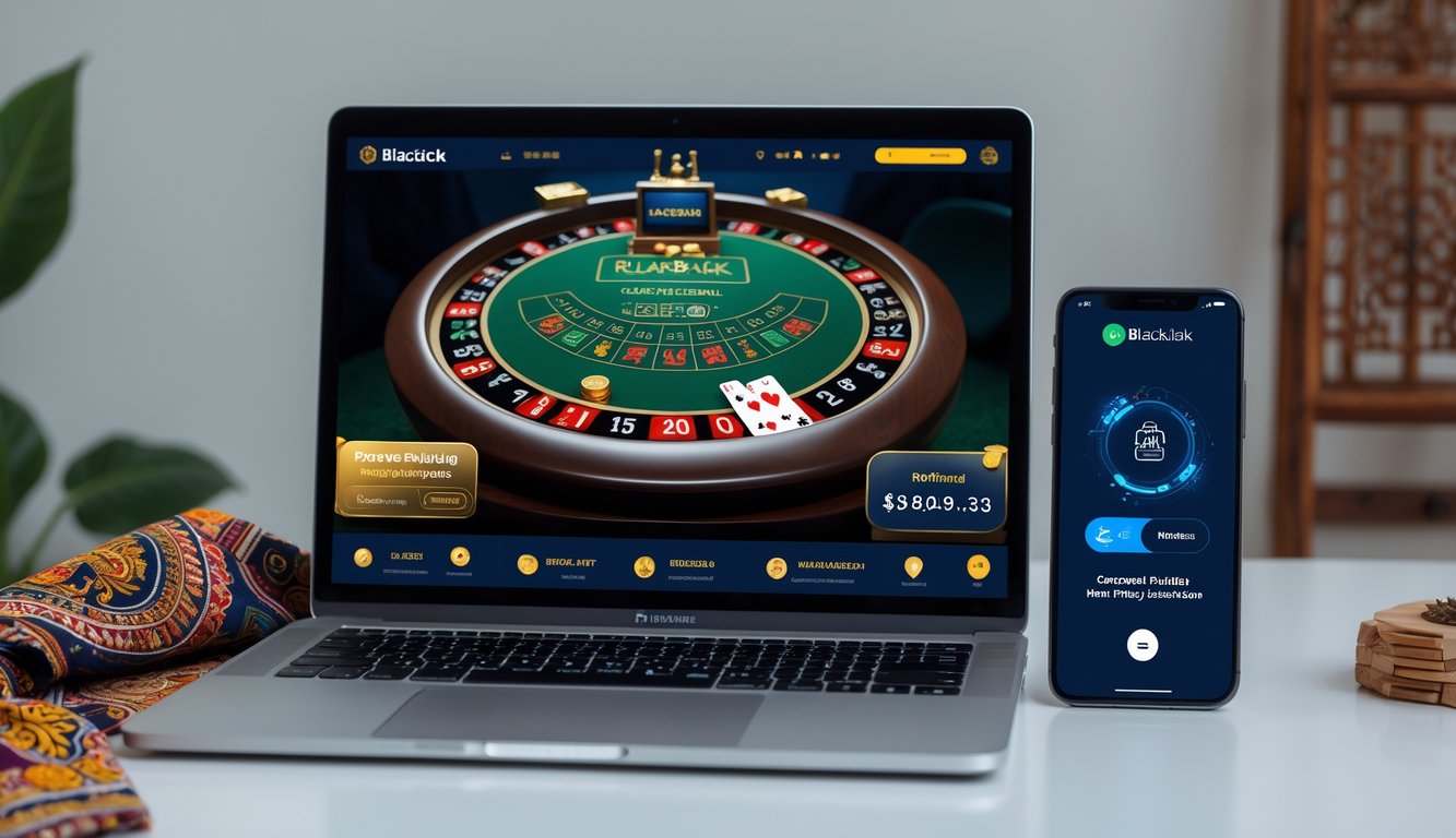 Seorang pengguna sedang bermain blackjack online di laptop dengan ponsel yang menampilkan aplikasi pembayaran digital di meja kerja yang rapi.