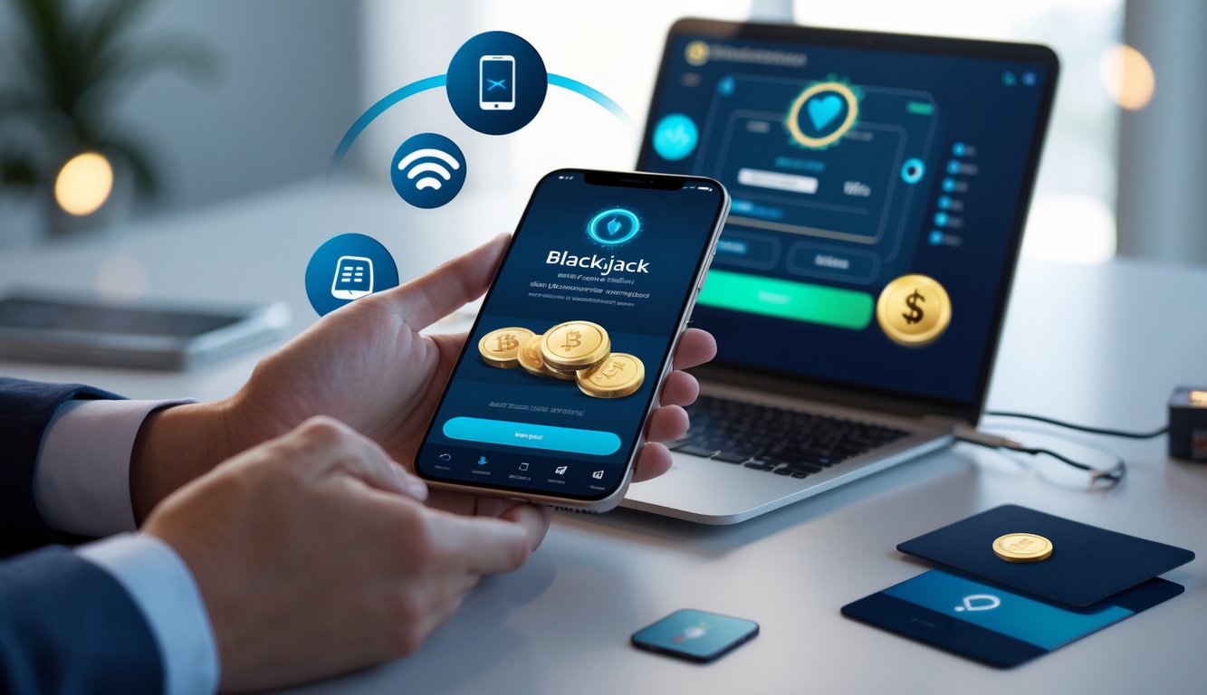 Seseorang memegang ponsel yang menampilkan permainan blackjack online dengan simbol pembayaran digital di latar belakang.