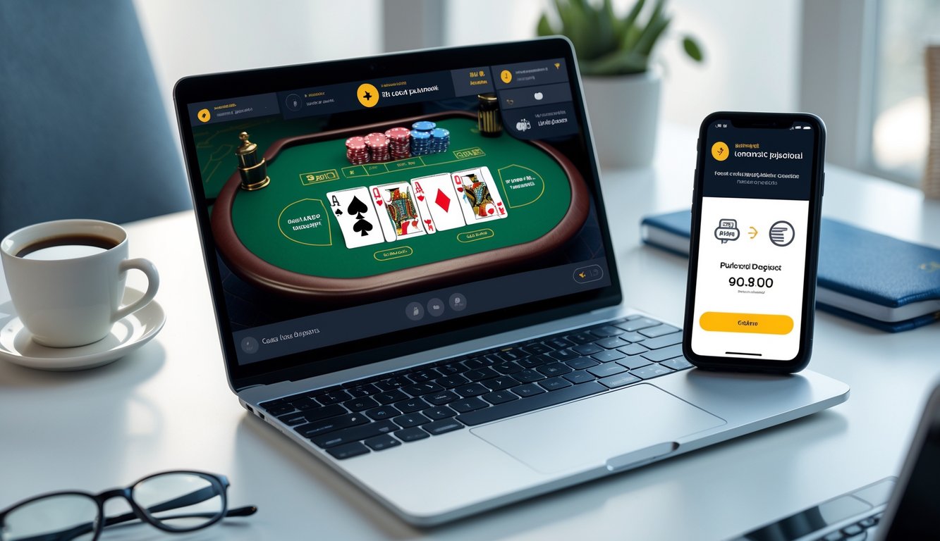 Seorang pengguna menggunakan laptop dan ponsel untuk bermain blackjack online dengan tampilan pembayaran pulsa yang berhasil di layar ponsel.