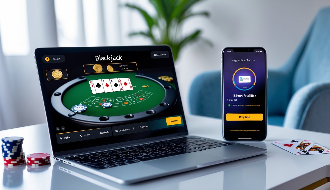 Seorang pengguna duduk di depan laptop dan ponsel dengan layar menampilkan permainan blackjack online dan aplikasi pembayaran pulsa aktif.