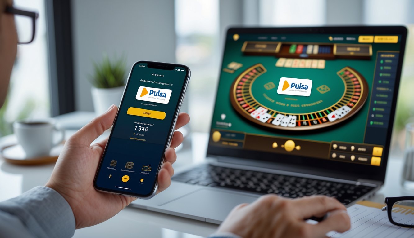 Seseorang memegang ponsel yang menampilkan aplikasi pembayaran pulsa dengan latar belakang layar laptop yang menampilkan permainan blackjack online.