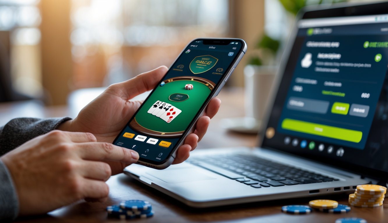 Seseorang memegang ponsel yang menampilkan permainan blackjack online dengan latar belakang rumah yang nyaman dan laptop terbuka di meja.