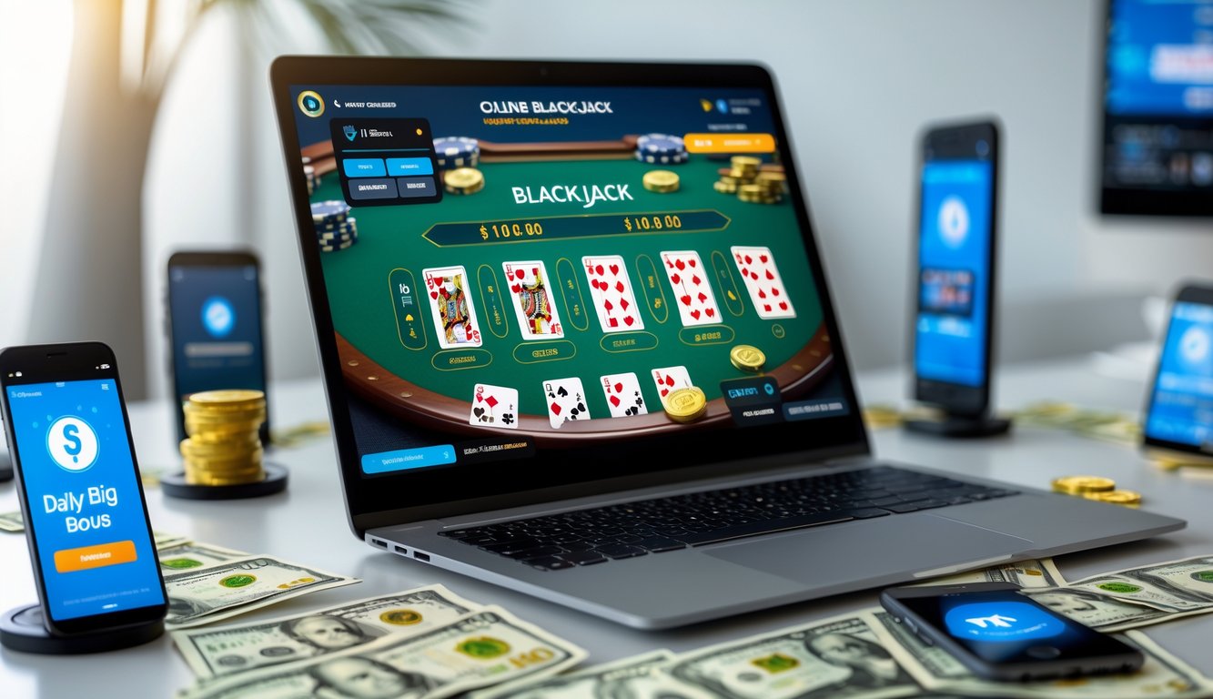 Layar laptop menampilkan permainan blackjack online dengan kartu dan chip digital, dikelilingi oleh perangkat mobile yang menunjukkan aplikasi pembayaran pulsa.