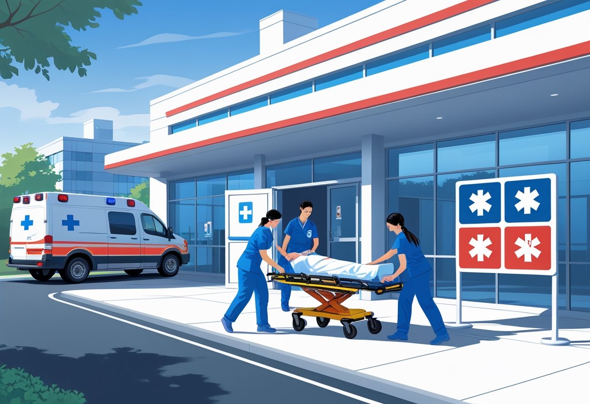 Telefone Úteis De Emergência: Contatos Essenciais Para Situações Críticas Cena de atendimento médico emergencial em frente a um hospital com equipe médica ajudando um paciente em uma maca e uma ambulância estacionada.