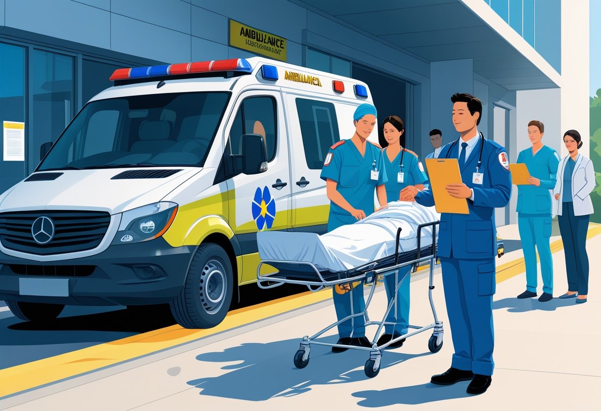 Paramédicos transportando um paciente em uma ambulância em frente a um hospital, com um profissional segurando documentos que representam normas legais.