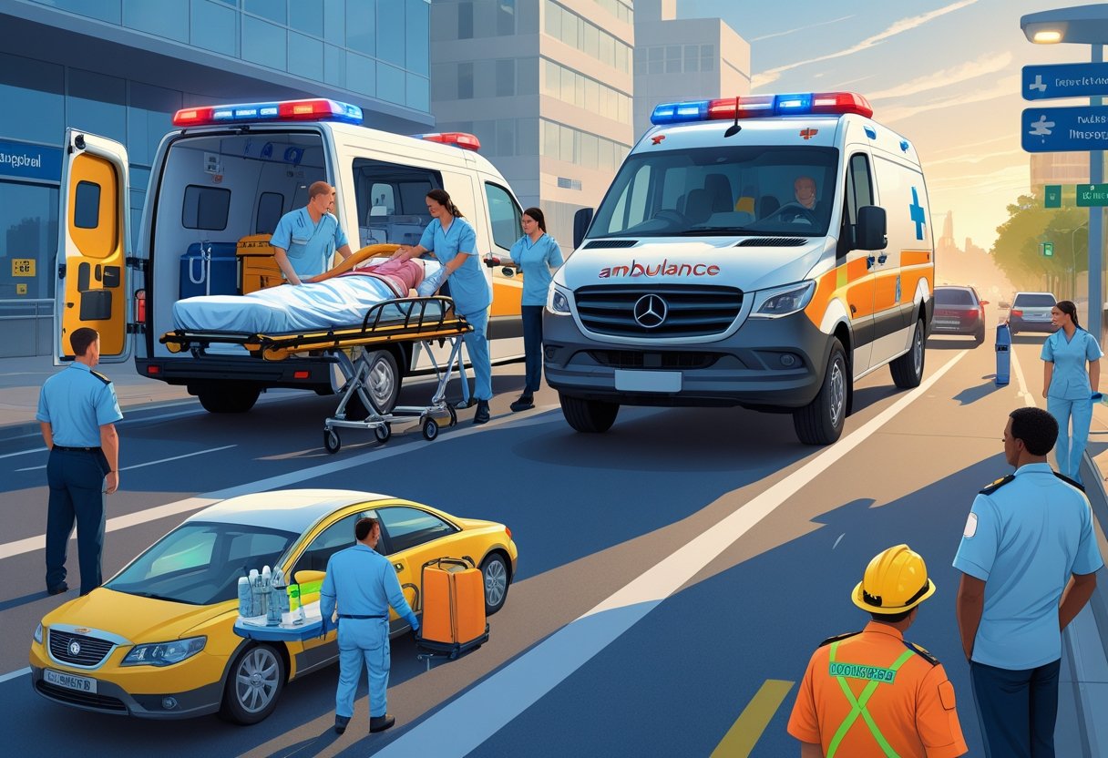 Vários tipos de transporte de pacientes em ambulância, mostrando profissionais de saúde cuidando de pacientes dentro e fora da ambulância em um ambiente urbano.