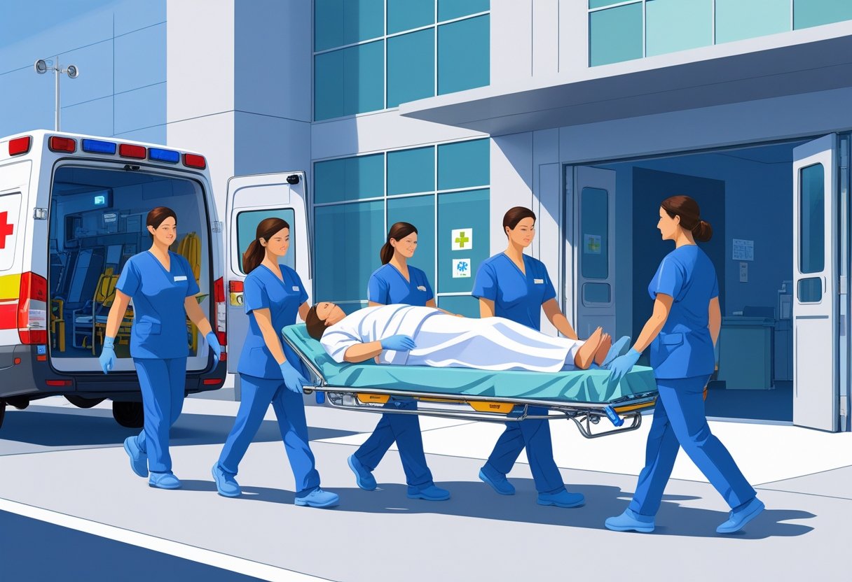 Remoção Hospitalar Segura e Eficiente em Situações de Emergência Equipe médica transferindo paciente de maca do ambulância para a entrada de um hospital moderno.