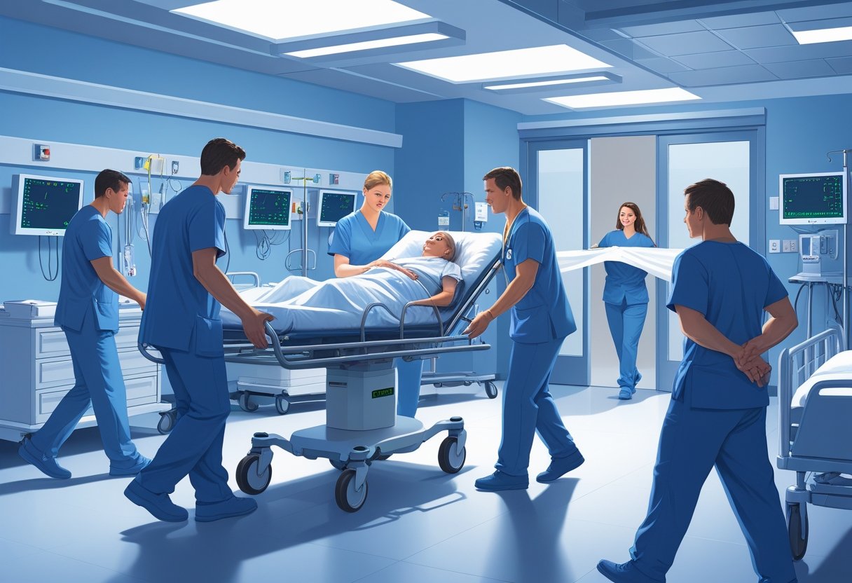 Remoção Hospitalar Segura e Eficiente em Situações de Emergência Ilustração mostrando três métodos principais de remoção hospitalar: paciente em maca, paciente em cadeira de rodas e paciente sendo carregado em lençol de resgate, com equipe médica auxiliando em um ambiente hospitalar.