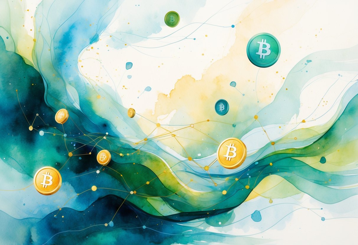 An abstract scene showing interconnected shapes and coins blending together with soft blue, green, and gold colors.