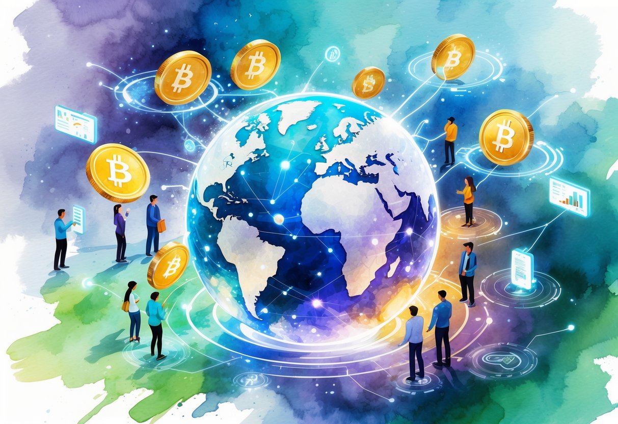 A scene showing people interacting with glowing digital coins and holographic financial charts around a transparent globe.