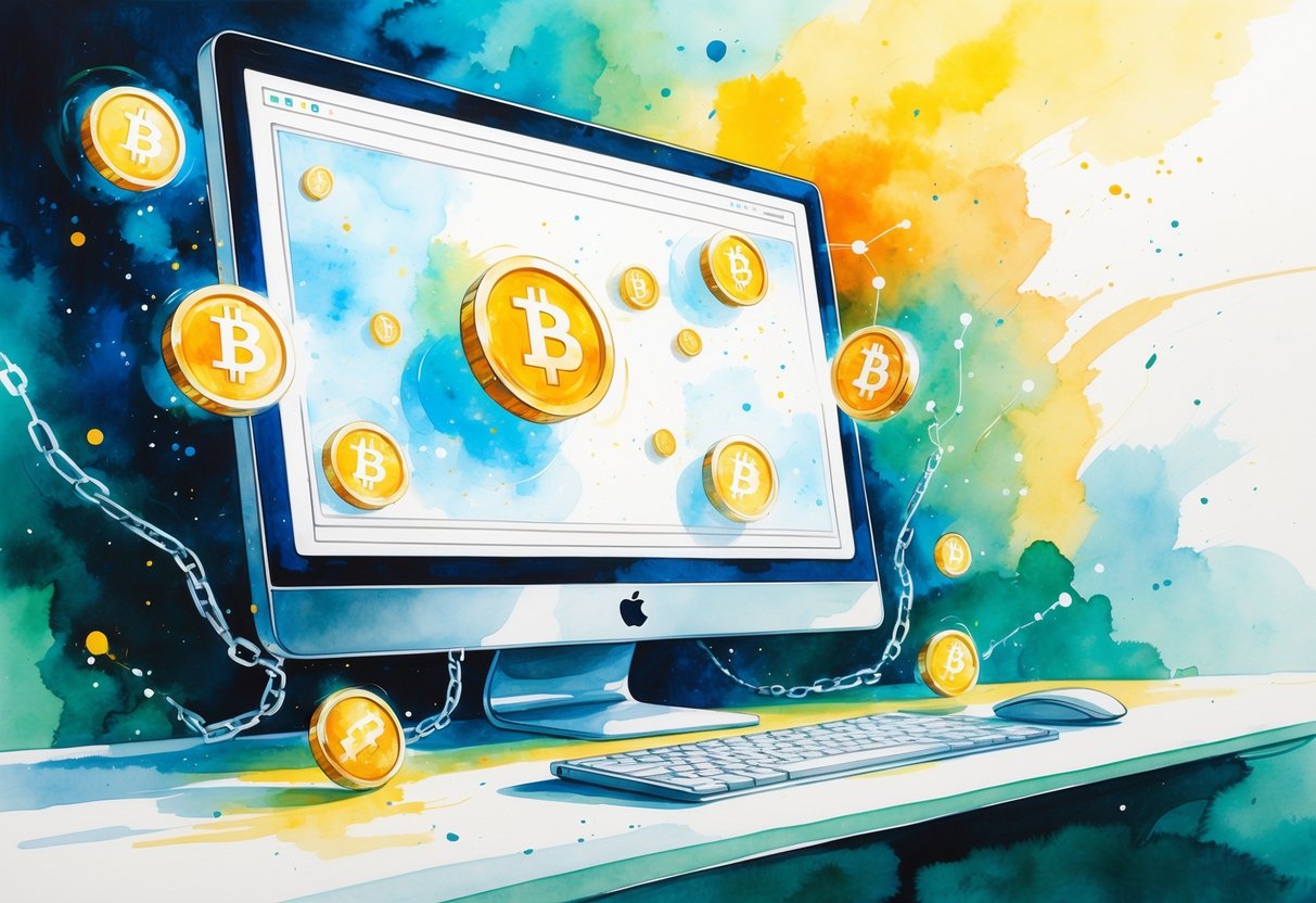 A colorful scene showing a computer screen with glowing coin icons and blockchain symbols surrounded by light chains and locks, representing digital currency and security.