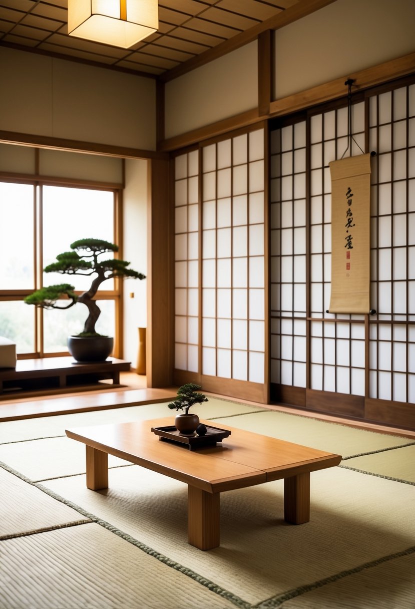 Japanese Living Room Design: 22 Inspiring Ideas for a Calm and Modern Space 2 A calm living room with low wooden furniture, tatami mats on the floor, sliding doors, and a small bonsai tree on a table.