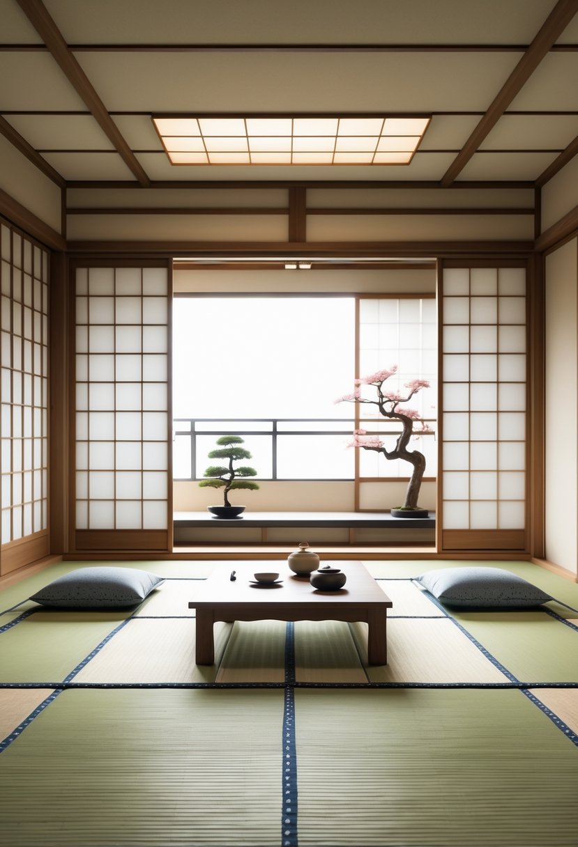 Japanese Living Room Design: 22 Inspiring Ideas for a Calm and Modern Space 3 A Japanese living room with tatami mat flooring, a low wooden table, floor cushions, and sliding shoji doors.