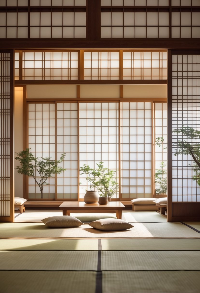 Japanese Living Room Design: 22 Inspiring Ideas for a Calm and Modern Space 5 A calm living room divided by translucent wooden shoji screens with low furniture and floor cushions on a tatami mat floor.