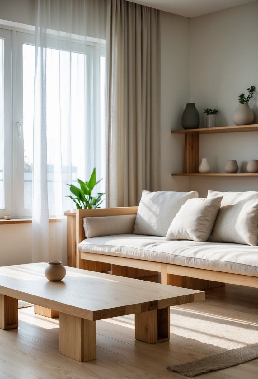 Japanese Living Room Design: 22 Inspiring Ideas for a Calm and Modern Space 6 A calm living room with low wooden furniture, soft cushions, wooden flooring, and natural light from large windows.