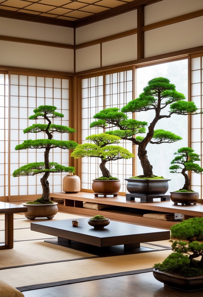 Japanese Living Room Design: 22 Inspiring Ideas for a Calm and Modern Space 8 A Japanese living room with wooden furniture, tatami mats, shoji screens, and several bonsai plants placed around the space.