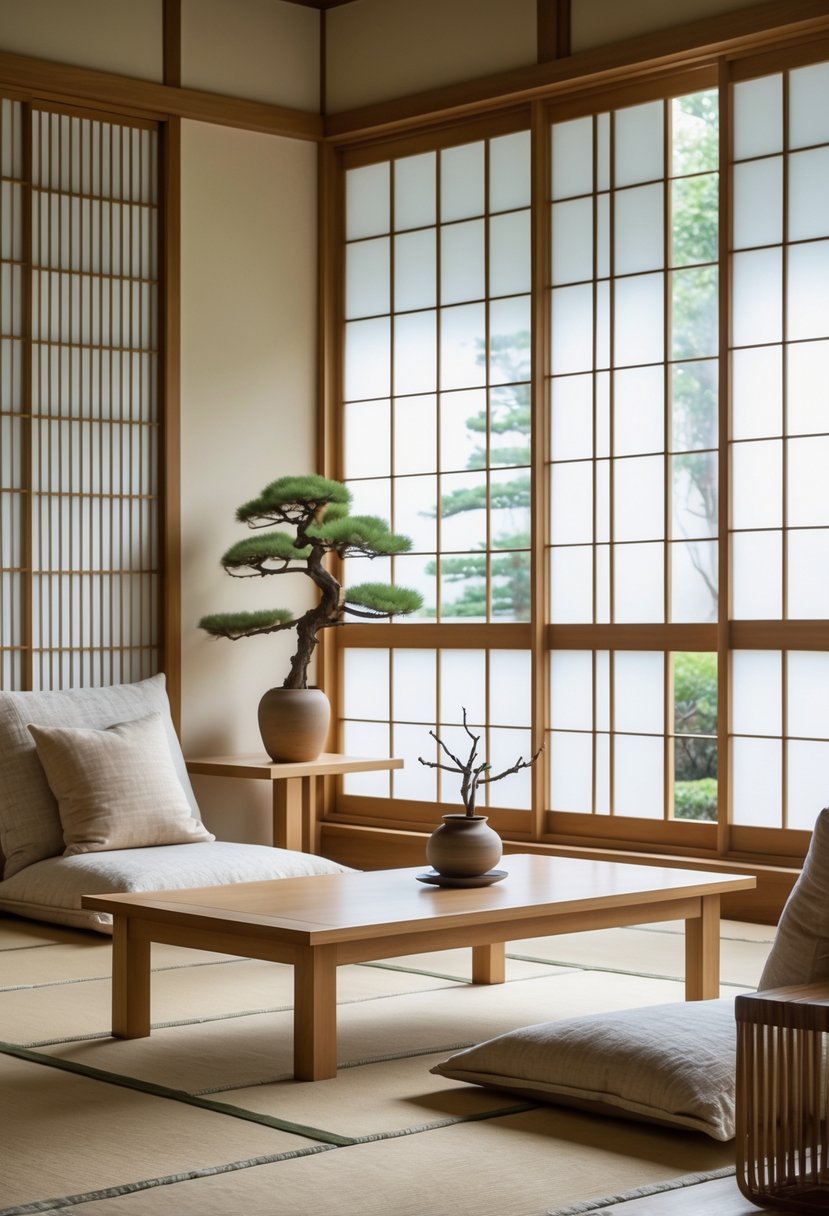 Japanese Living Room Design: 22 Inspiring Ideas for a Calm and Modern Space 9 A calm living room with wooden furniture, tatami mats, sliding paper screens, and natural light coming through a window overlooking a garden.