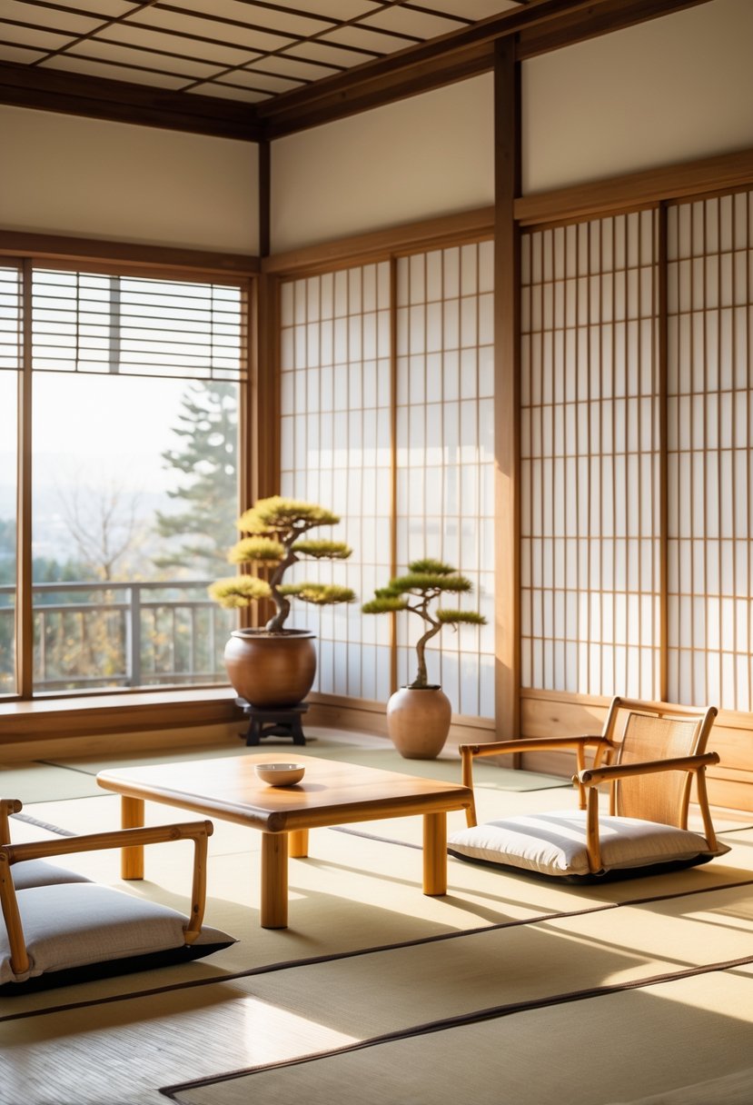 Japanese Living Room Design: 22 Inspiring Ideas for a Calm and Modern Space 11 A calm living room with bamboo furniture, rice paper sliding screens, tatami mats, and natural light.