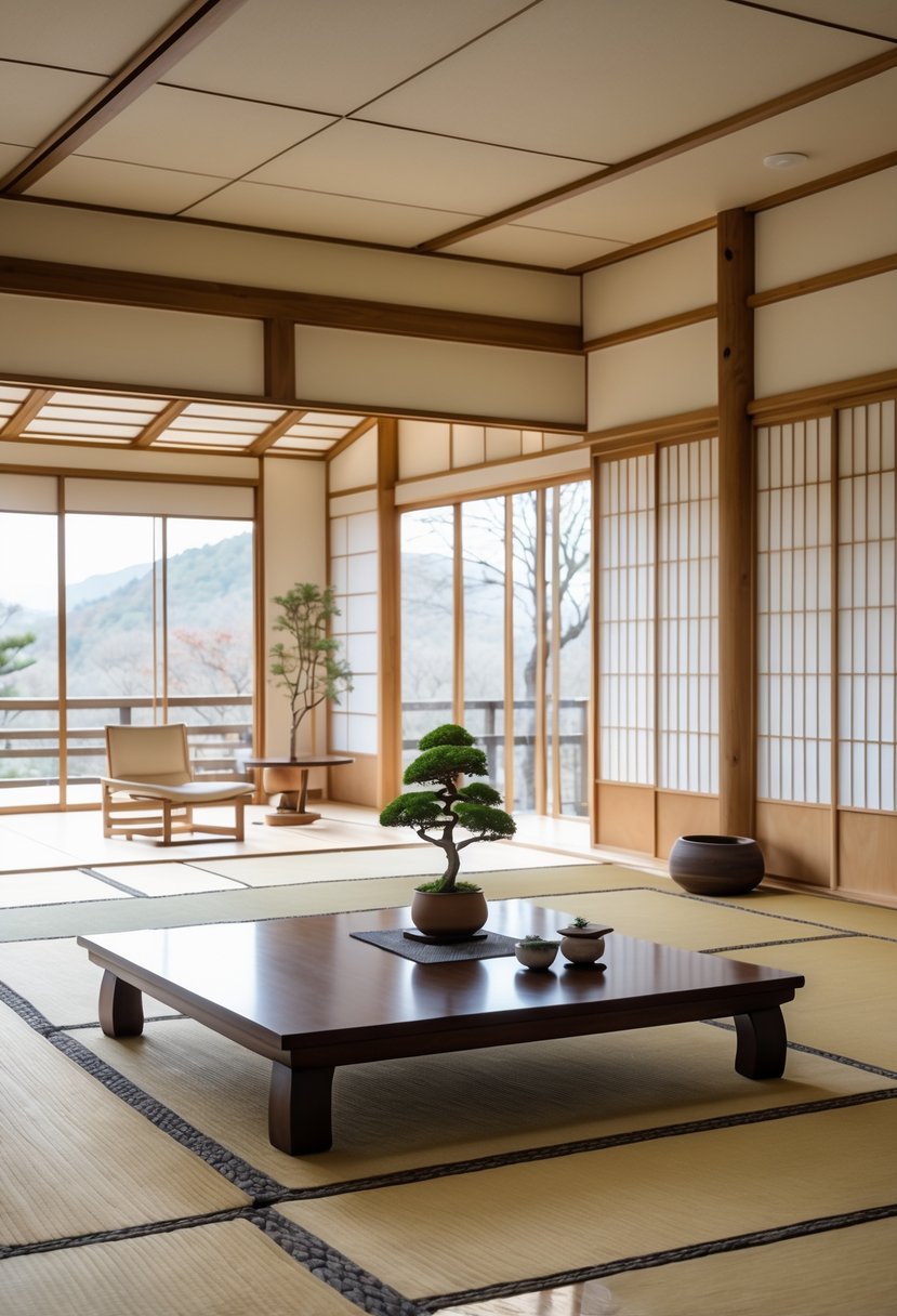 Japanese Living Room Design: 22 Inspiring Ideas for a Calm and Modern Space 12 A bright and spacious living room with a low wooden table, tatami mats, and sliding screens, featuring simple and natural decor.