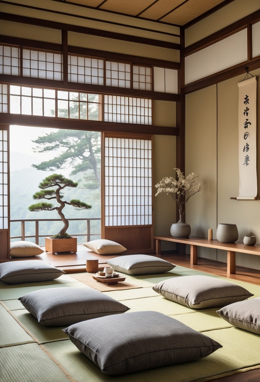 Japanese Living Room Design: 22 Inspiring Ideas for a Calm and Modern Space 13 A quiet living room with futons and floor cushions arranged around a low table, lit by natural light from shoji windows.