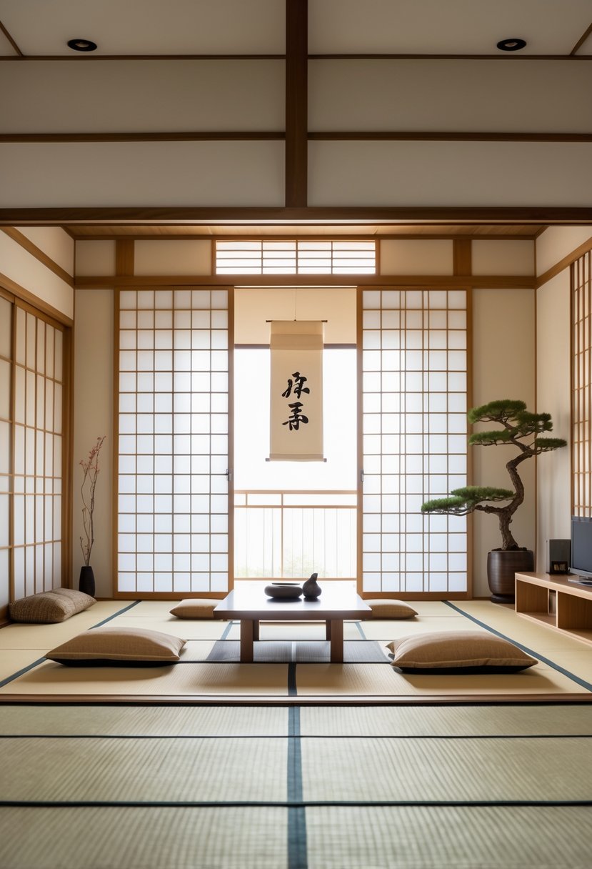 Japanese Living Room Design: 22 Inspiring Ideas for a Calm and Modern Space 14 A living room with sliding wooden doors, a low table with floor cushions, and tatami mats on the floor.
