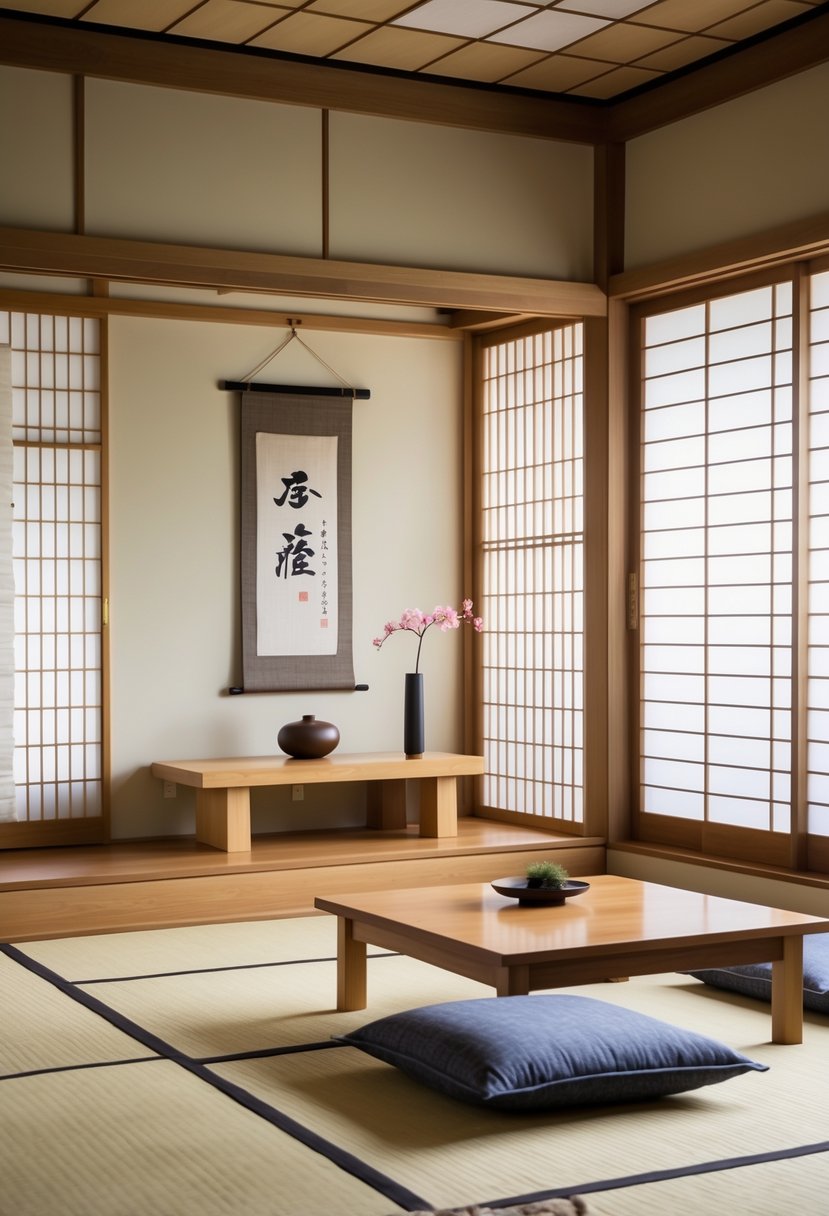 Japanese Living Room Design: 22 Inspiring Ideas for a Calm and Modern Space 16 A Japanese living room with a wooden alcove displaying a hanging scroll and flower arrangement, tatami mats, and shoji doors.