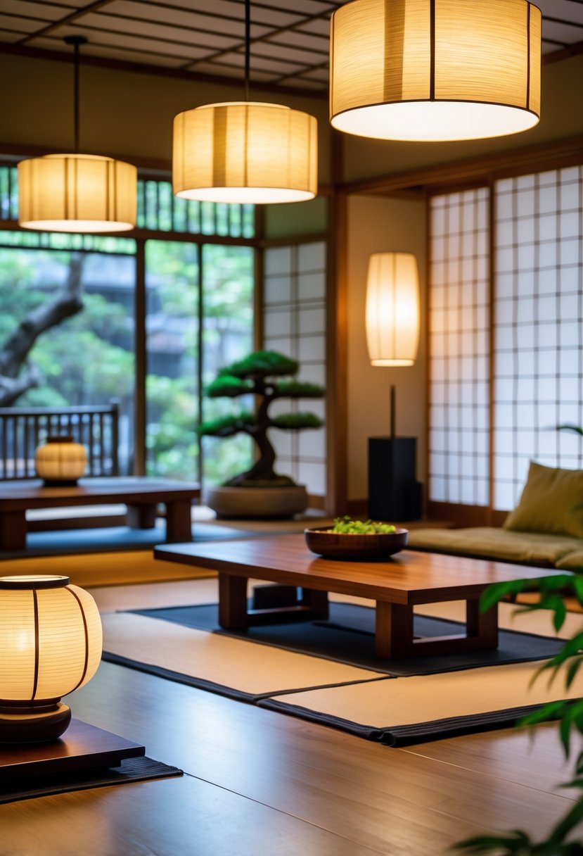 Japanese Living Room Design: 22 Inspiring Ideas for a Calm and Modern Space 17 A Japanese living room with soft lighting from washi paper lamps, wooden furniture, tatami mats, and shoji screens.