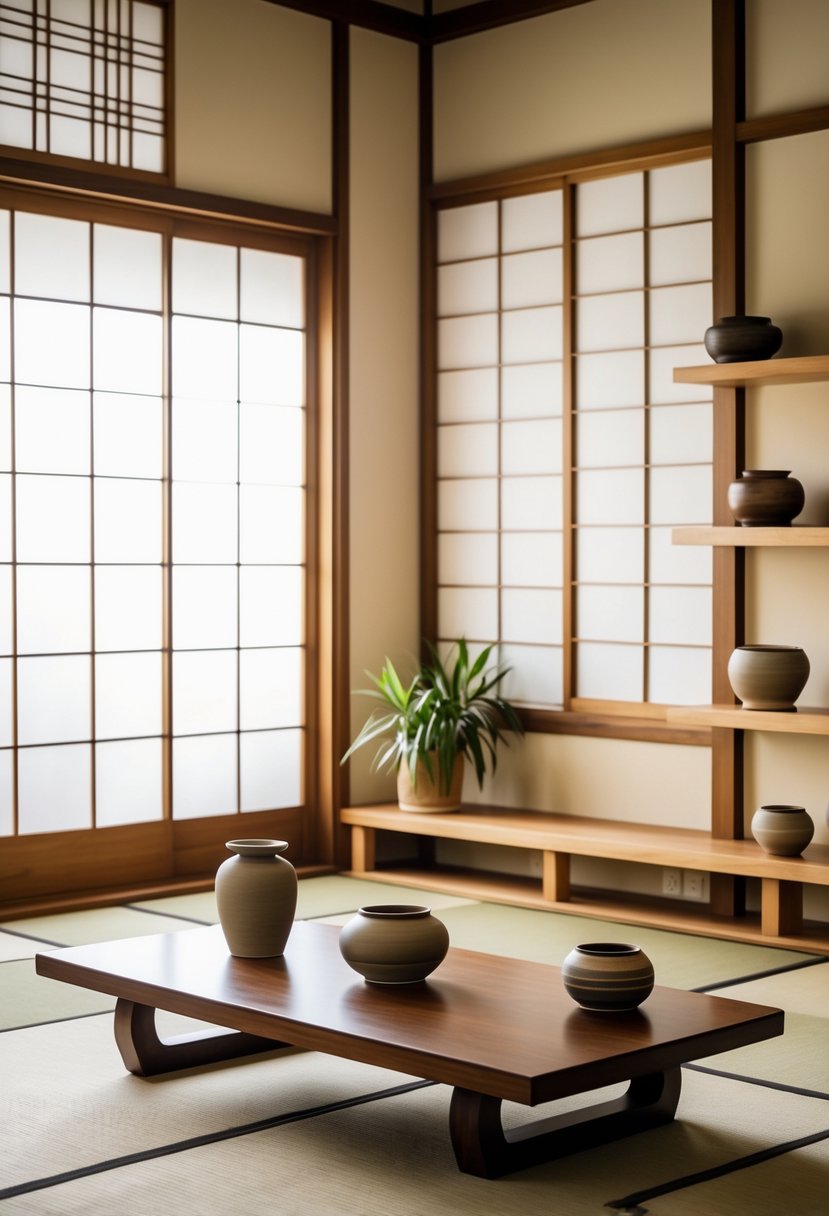 Japanese Living Room Design: 22 Inspiring Ideas for a Calm and Modern Space 18 A calm living room with wooden furniture, ceramic pottery on shelves and table, soft natural light, and green plants.