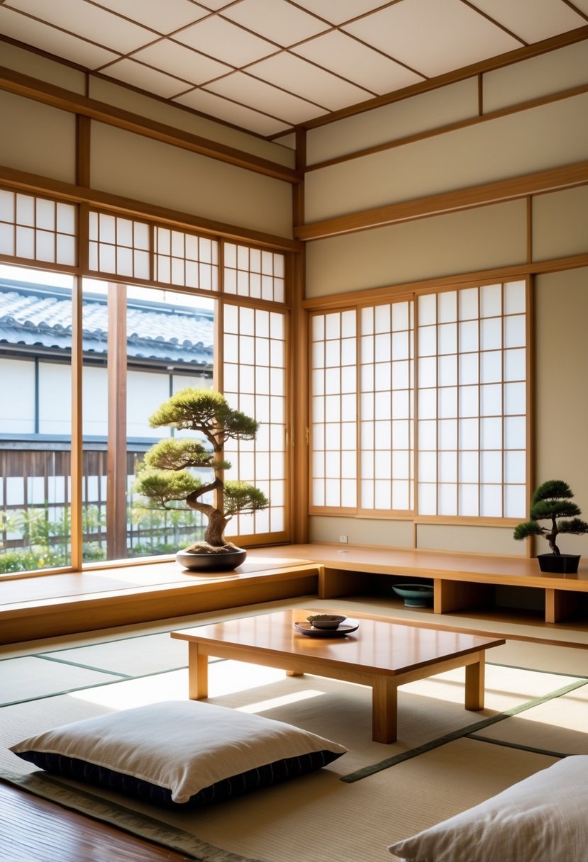 Japanese Living Room Design: 22 Inspiring Ideas for a Calm and Modern Space 19 A bright Japanese living room with tatami mats, low wooden furniture, and soft natural light coming through sliding doors.