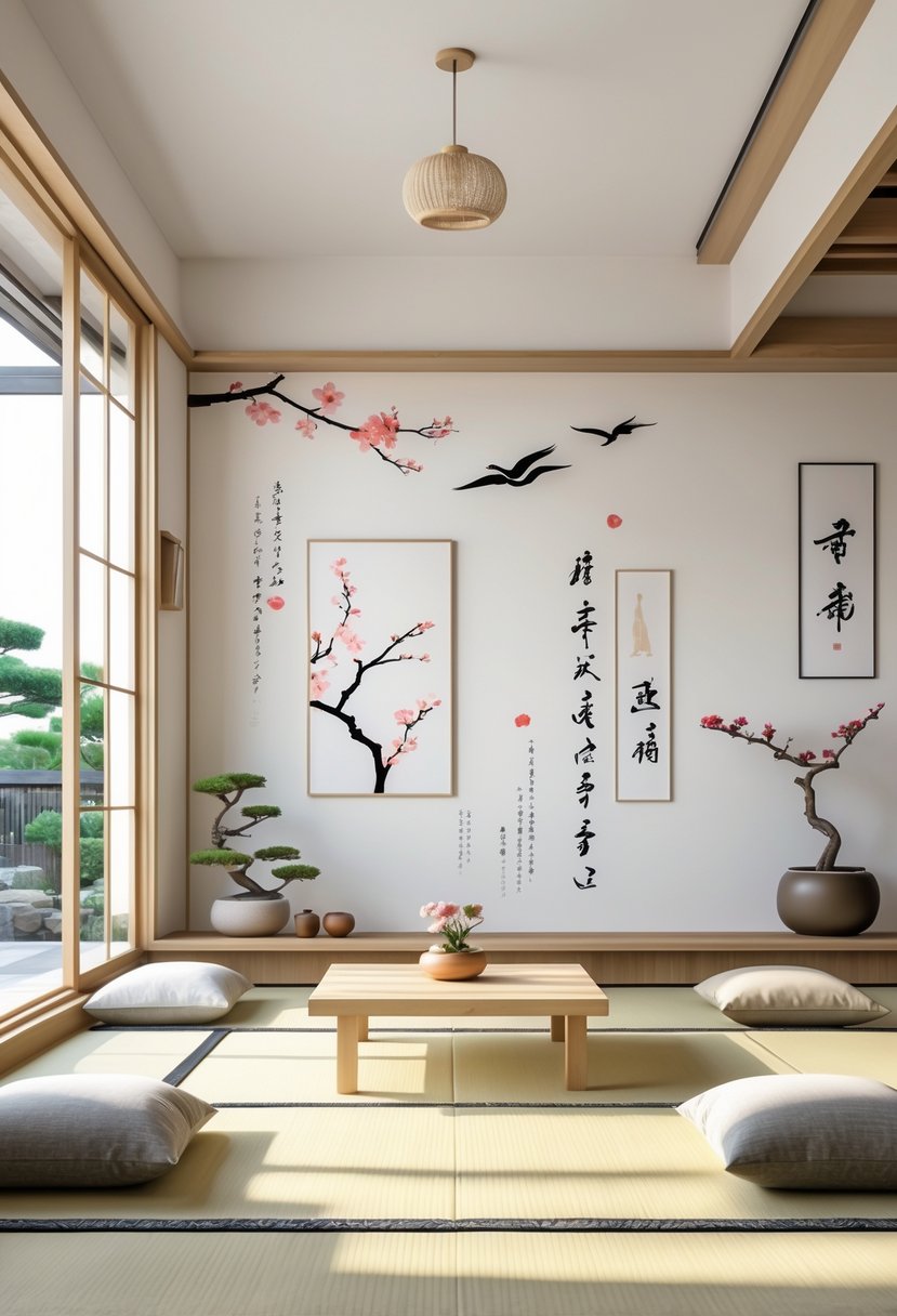 Japanese Living Room Design: 22 Inspiring Ideas for a Calm and Modern Space 20 A bright and peaceful living room with low wooden furniture, tatami mats, plants, and simple wall art featuring Japanese motifs.