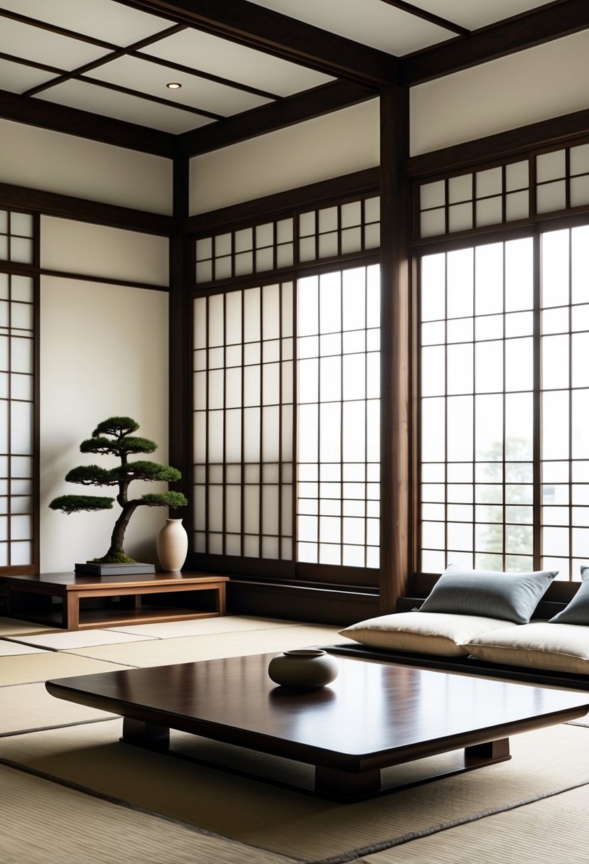 Japanese Living Room Design: 22 Inspiring Ideas for a Calm and Modern Space 22 A calm living room with dark wood furniture, soft natural light, and simple decorations including a bonsai tree and cushions.