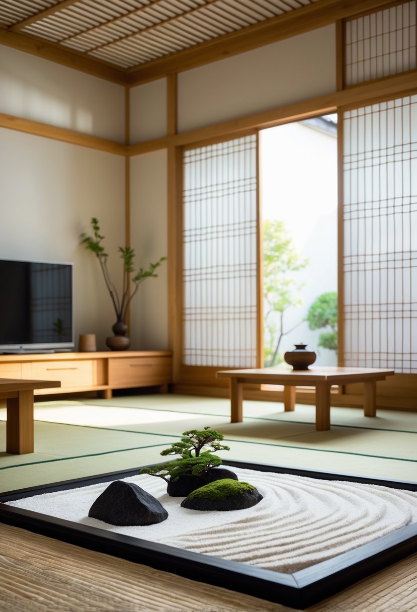 Japanese Living Room Design: 22 Inspiring Ideas for a Calm and Modern Space 23 A peaceful living room with a small Zen garden featuring rocks and sand, natural light, and simple wooden furniture.