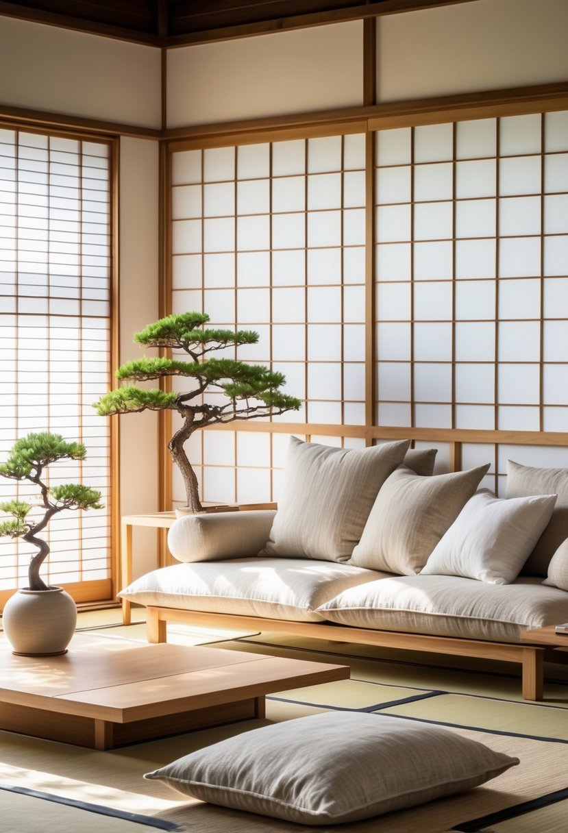 Japanese Living Room Design: 22 Inspiring Ideas for a Calm and Modern Space 24 A calm living room with wooden furniture, soft cushions, and natural light coming through paper screens.