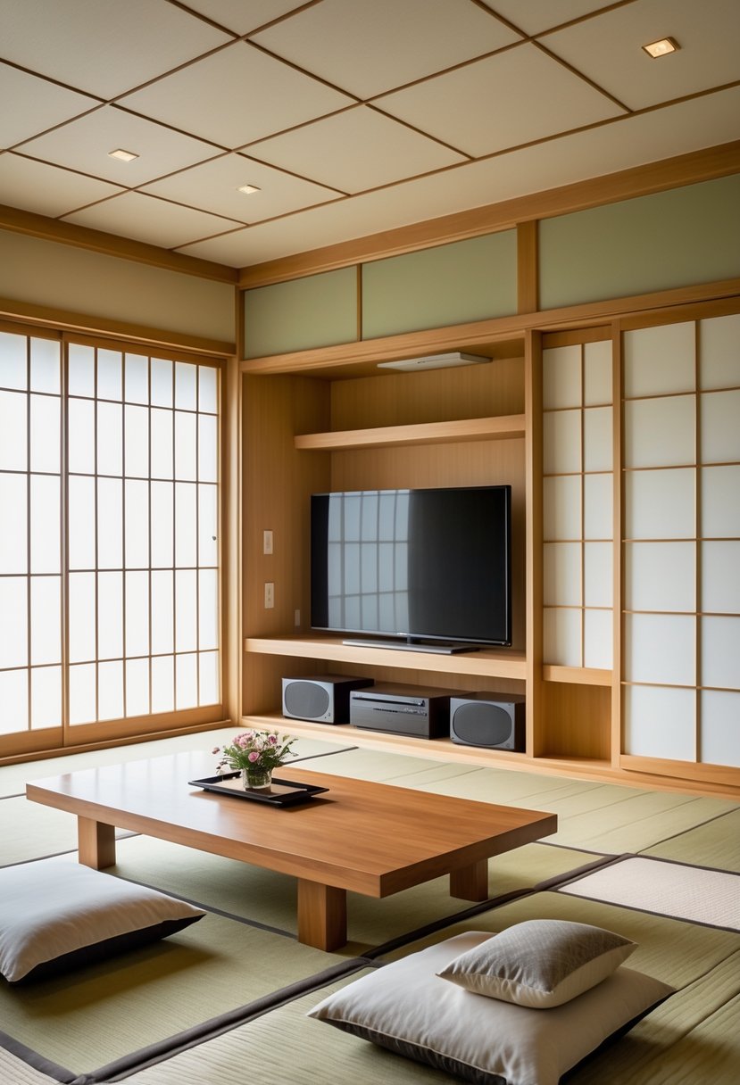 Japanese Living Room Design: 22 Inspiring Ideas for a Calm and Modern Space 25 A tidy Japanese living room with wooden furniture, tatami mats, and concealed electronics inside wooden cabinets.